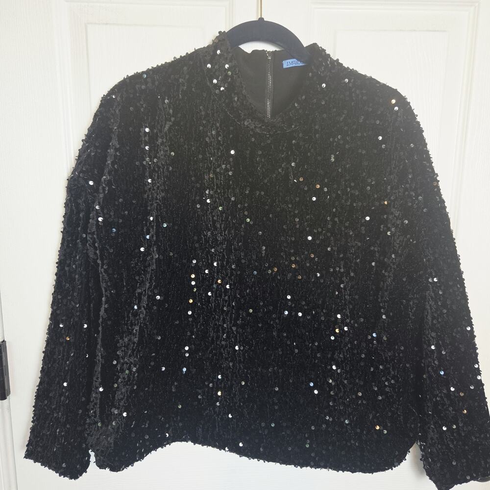 J McLaughlin Shirt XL Black Leeza Sequin Mock Neck Party Blouse Holiday Top New